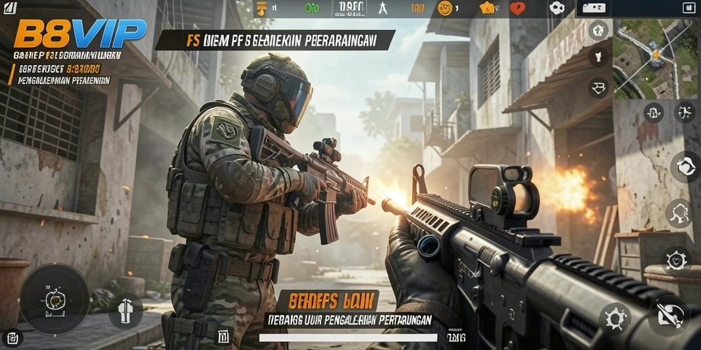 Screenshot gameplay B8VIP menampilkan aksi tembak menembak yang intens.