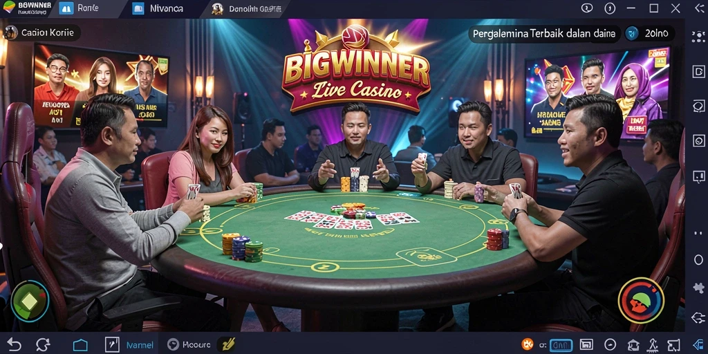 Screenshot gameplay <strong>BIGWINNER</strong> yang menampilkan dealer langsung dan suasana kasino.