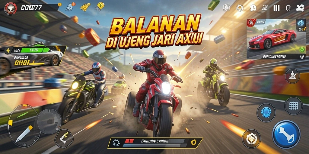 Tampilan gameplay menarik dari COO77 dengan mobil balap yang cepat dan trek menantang.