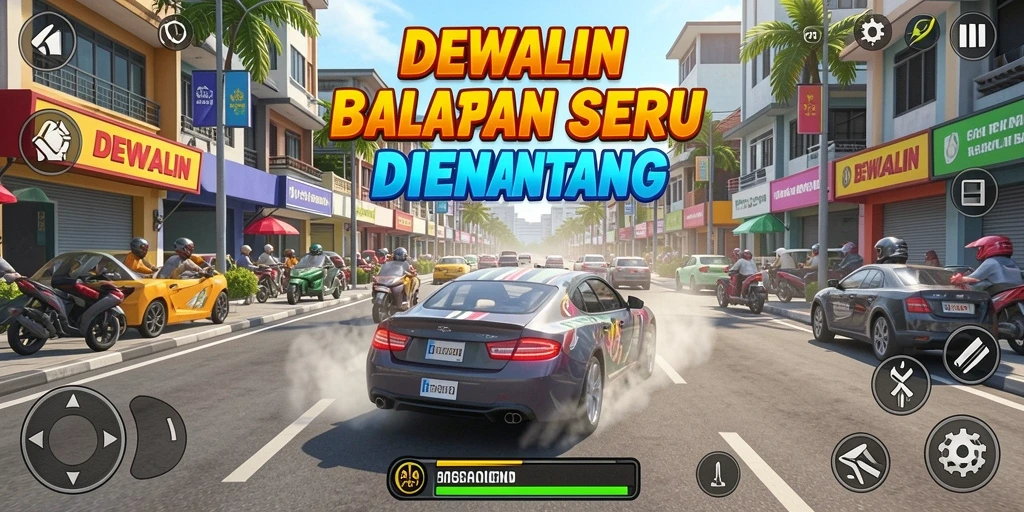 Screenshot DEWALIN menunjukkan aksi cepat balapan di trek yang menantang.