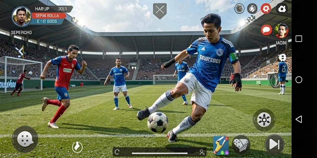Gameplay seru dalam HARAPJP menunjukkan pertarungan tim sepak bola.