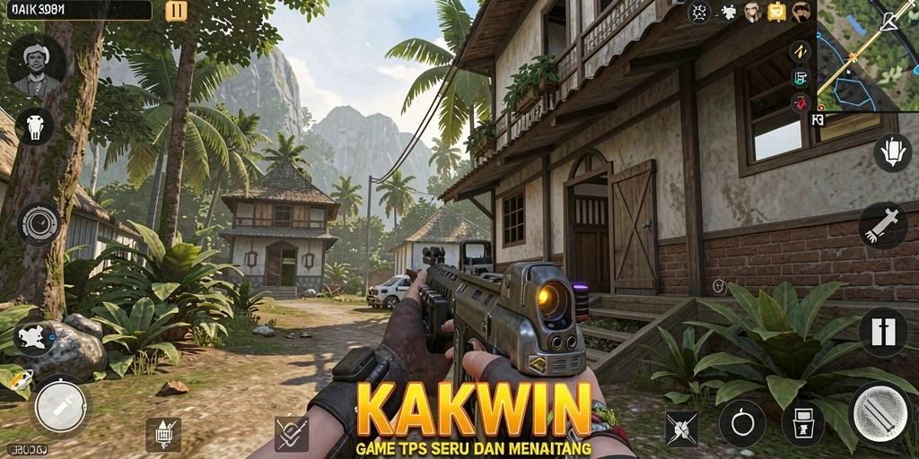 Gameplay KAKWIN menampilkan pertempuran seru dengan senjata dan karakter unik.
