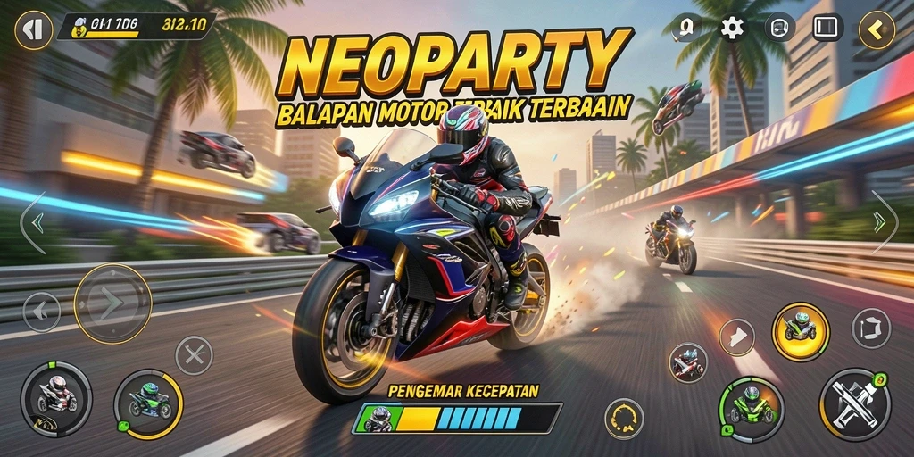 Tampilan gameplay mendebarkan di NEOPARTY dengan motor balap yang cepat.