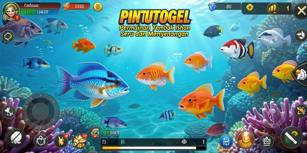 Screenshot gameplay PINTUTOGEL menampilkan aksi menembak ikan yang seru dan dinamis.