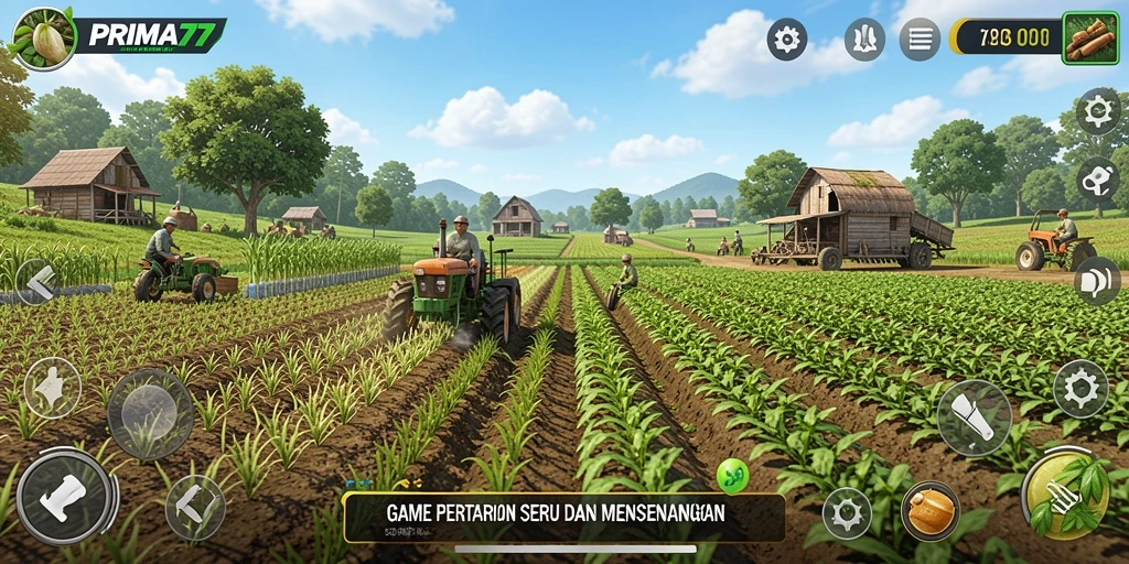 Screenshot gameplay PRIMA77 dengan elemen pertanian yang colorful.