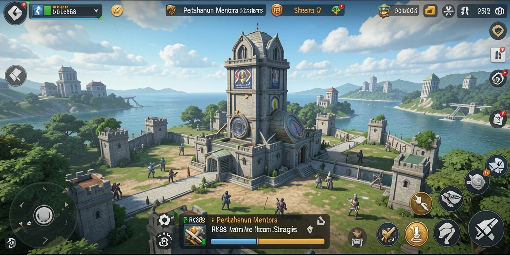 Screenshot gameplay RK88 menunjukkan aksi menara dalam melawan gelombang musuh.