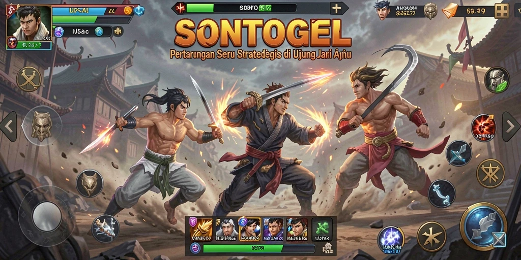Tampilan gameplay <strong>SONTOGEL</strong> dengan karakter bertarung di arena yang menegangkan.
