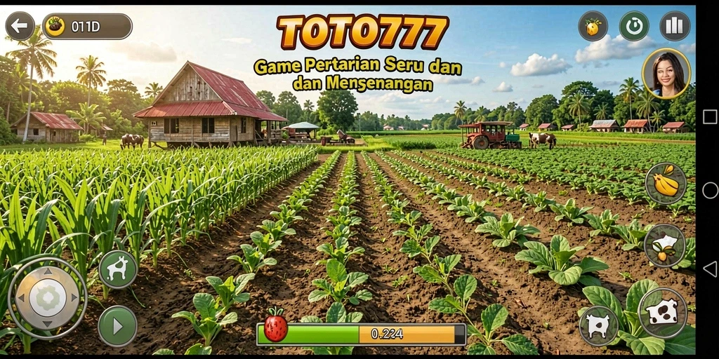 Screenshot utama TOTO777 menampilkan kebun yang subur dan aktivitas bercocok tanam.